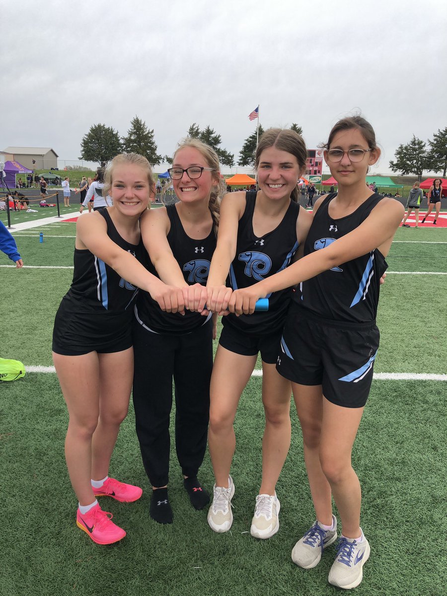 Alivia Aerni, Leah Phipps, Kayleigh Tapio and Lauren Walmrath finished 4th in the 4x800 at the B-1 District Meet! 🐏💪