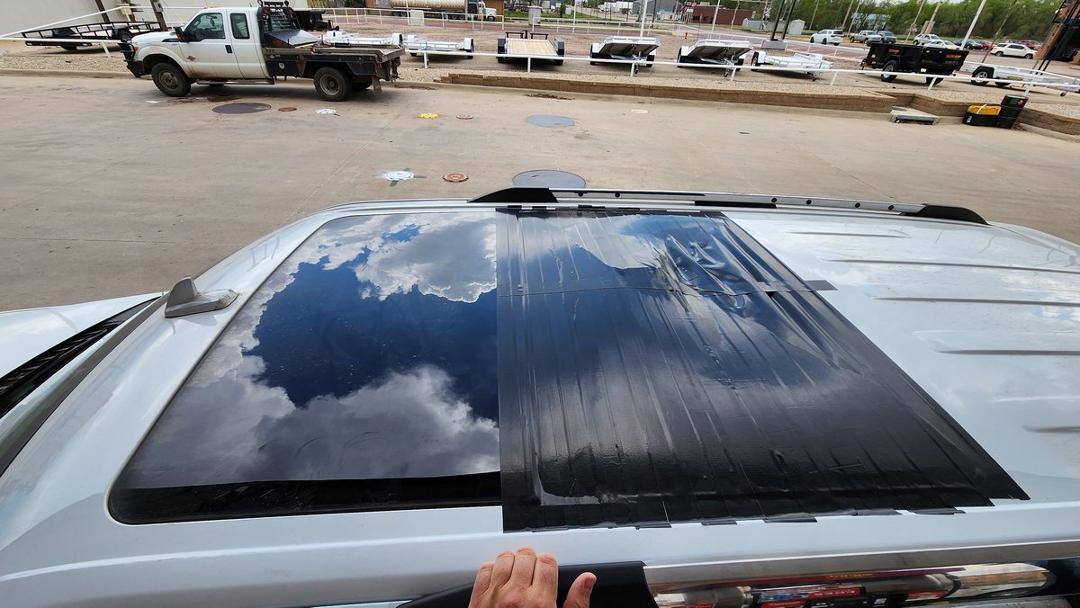 Today was a fun chase. Just sitting down for dinner after chasing for 12 hrs. Beautiful storms but no 🌪 today. @ExtremeStormJC had a frustrating day with a spontaneous moonroof explosion, not due to hail. @theScantman would be proud of the @GorillaGlue tape repair. #gorillatough