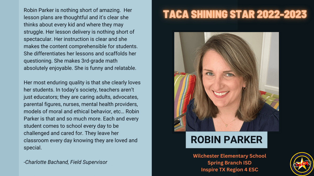 Congratulations to Robin Parker for being recognized as a Shining Star for <a href="/Region4ESC/">Region 4 ESC</a> serving the students of <a href="/SBISD/">Spring Branch ISD</a>. We salute you for joining the education profession. Thank you for all of your work to be a successful teacher. #TeacherAppreciationWeek