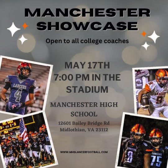 Next week I will be participating in our annual Showcase at Manchester HS @7:00pm under the lights. Open to all Coaches! @Lancer_Recruit @lancer_footbal