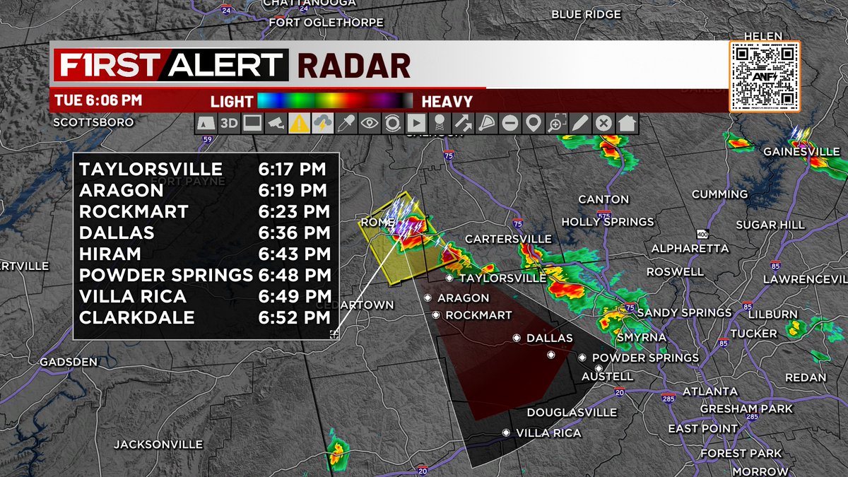 JenValdezTV's tweet photo. NEW SEVERE THUNDERSTORM WARNING 
Bartow County, as with the previous storms today, heavy rain, hail, lightning are our primary concerns... Some gusty winds also possible. 
#aragon #rockmart #dallas #villarica @atlnewsfirst #gawx #gaweather #storms https://t.co/hCNICggAVE