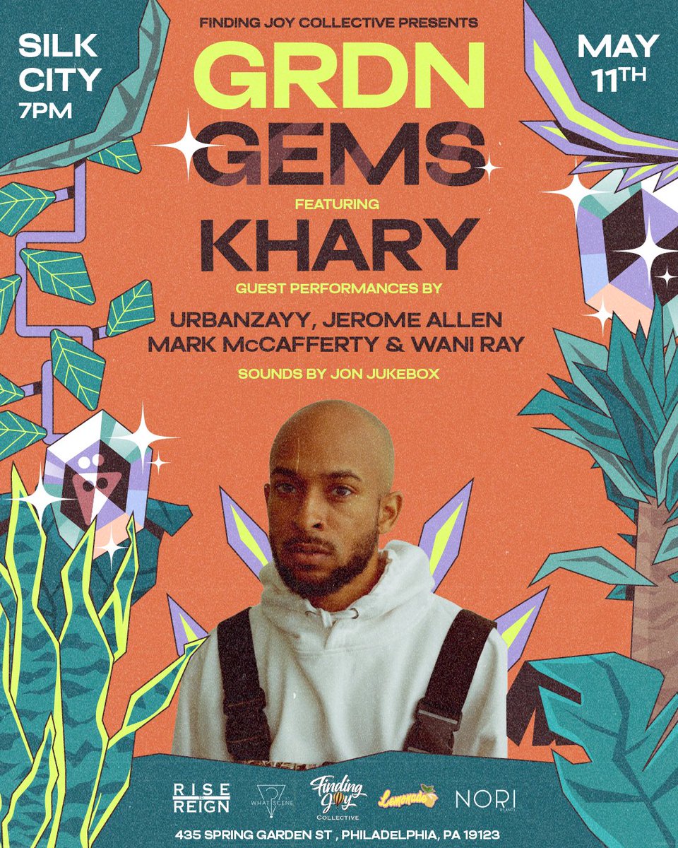 Get your tickets to see <a href="/sorrykhary/">Khary</a> in #Philly this Thursday!!🪴💎 

Guest performers:
<a href="/UrbanZayy/">TRIBELIFE ©</a> 
<a href="/Jeromeallen_/">Jerome</a> 
<a href="/MarkMcCafferty_/">Mark McCafferty</a> 
<a href="/WANton_Soupp/">WaniRay_</a> 

Sounds by:
<a href="/jonjukebox/">jon</a> 

Ticket link 🎫: eventbrite.com/e/finding-joy-…