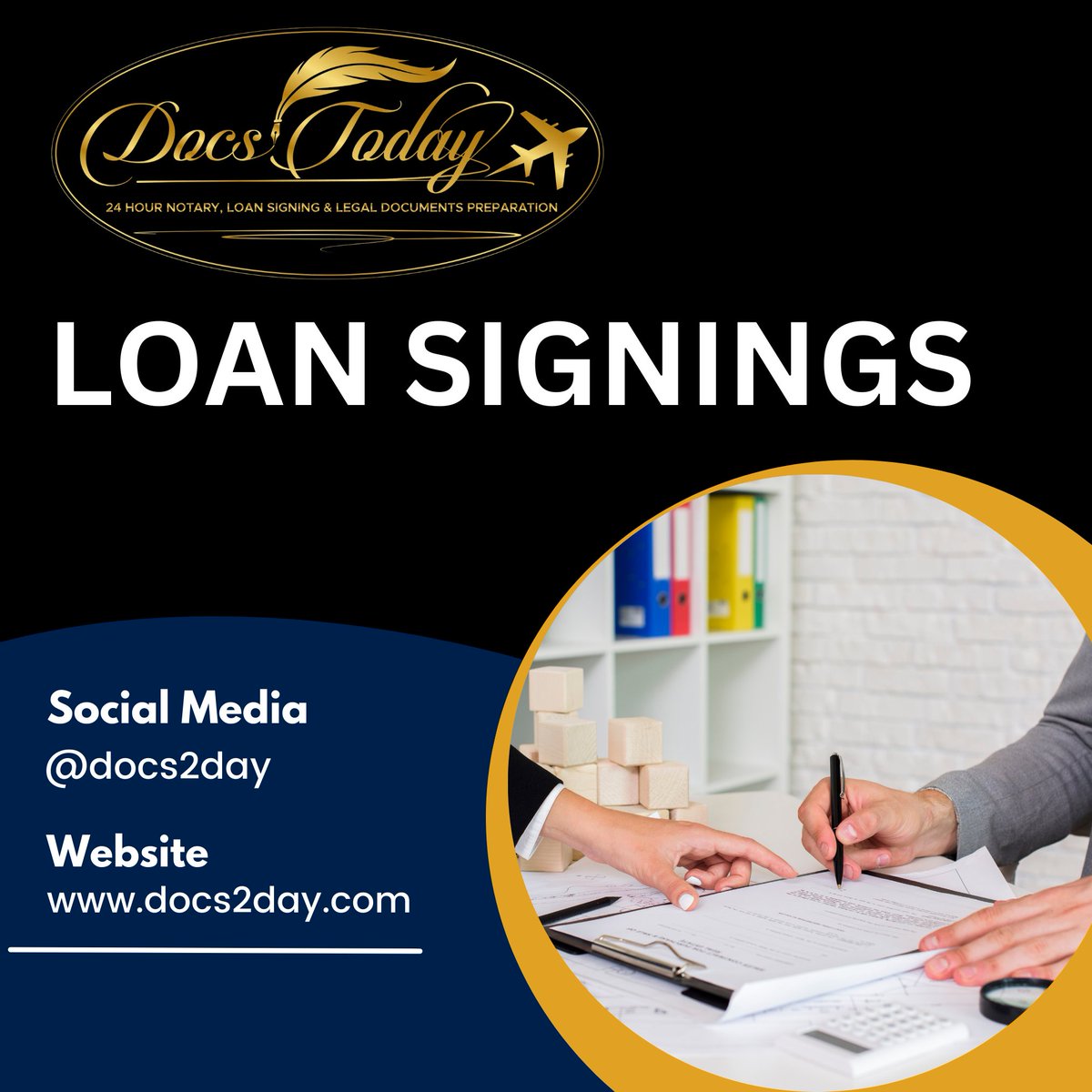 𝐋𝐎𝐀𝐍 𝐒𝐈𝐆𝐍𝐈𝐍𝐆𝐒

𝙑𝙞𝙨𝙞𝙩 𝙪𝙨: docs2day.com

#LoanSigning #NotaryPublic #MortgageSigning #LoanSigningAgent #RealEstateClosing #NotarySigningAgent #MobileNotary #LoanDocuments #SigningService #LoanClosing #LoanOfficer #TitleCompany #HomeClosing