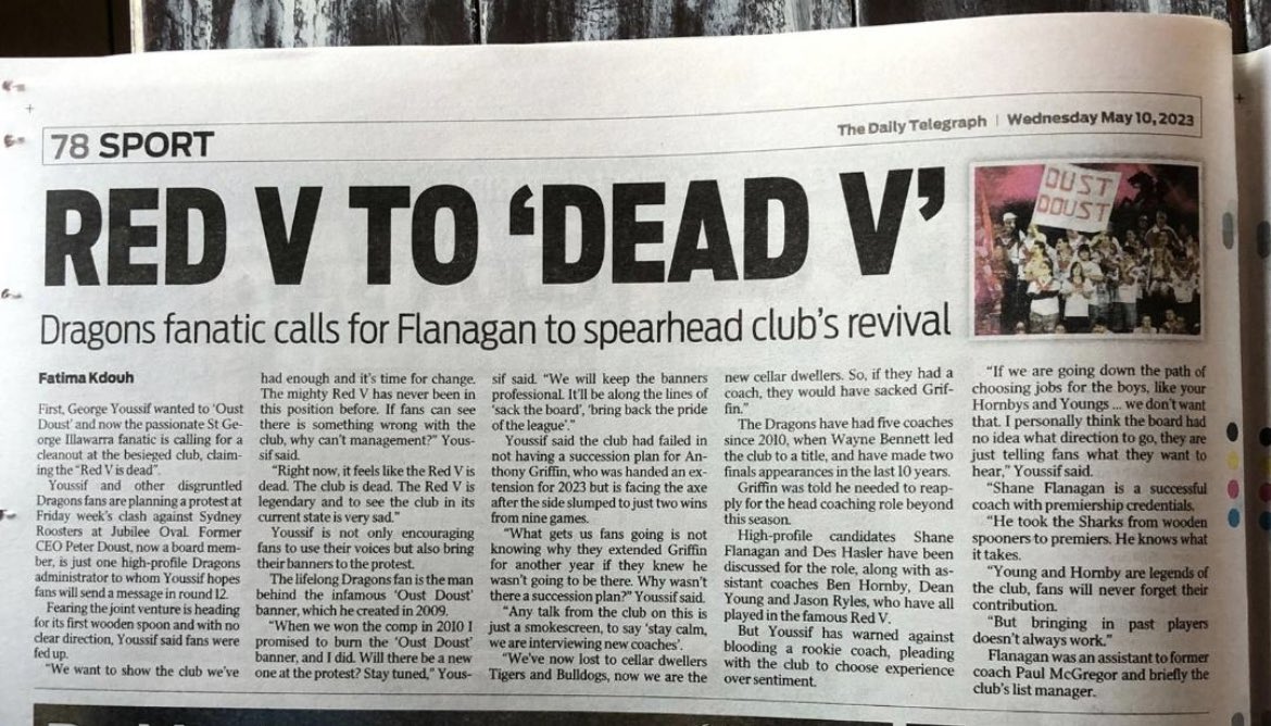 Frankie2193's tweet image. Here is the article in the paper today as I mentioned yesterday 
Please share . 
Let’s make some noise #redv Fans.
@RedVPodcast1 @NRL_Dragons