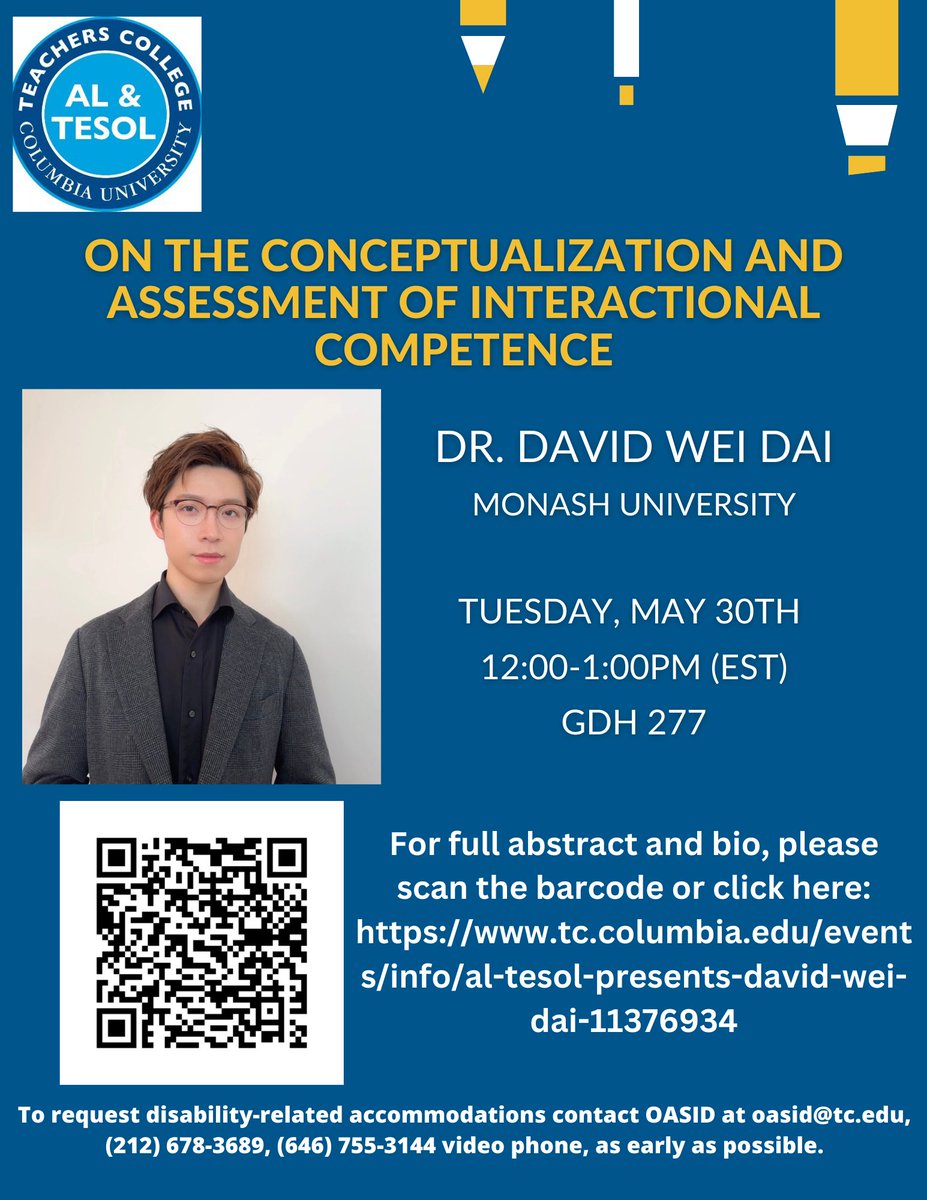 ColumbiaALTESOL's tweet photo. Don't miss out on this #discourse and #assessment talk on #interactional #competence! It will be from 12:00-1:00 on Tuesday, May 30th in Grade Dodge Hall 277. Find out more here:ย https://t.co/viB5u8y9Av @NYSTESOL @AAALinks https://t.co/yMyIc0Kpe1