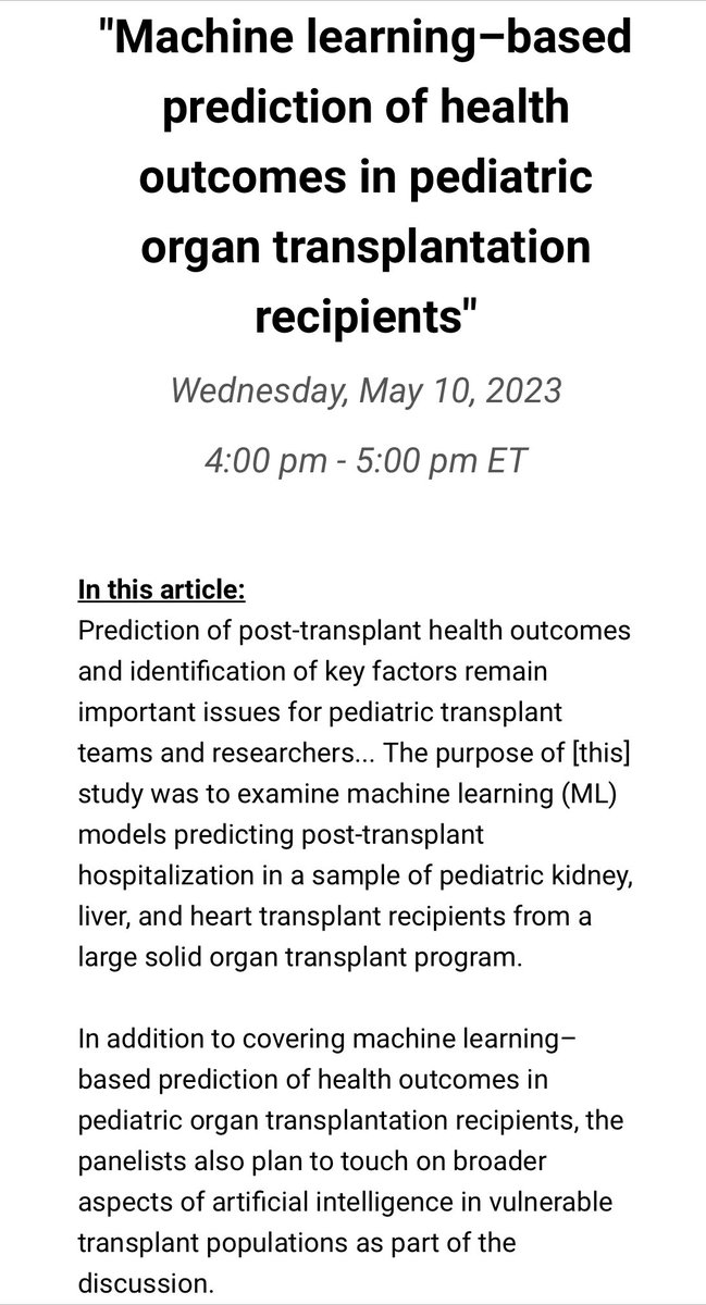 Sarah R. Lieber, MD MSCR (@lieberluvsliver) on Twitter photo Join us for this awesome AST journal club on machine learning in vulnerable transplant populations! Moderated by <a href="/AshleySpann/">Ashley Spann</a>
CLICK HERE TO REGISTER:
us06web.zoom.us/webinar/regist…
<a href="/DrMichelleJesse/">Michelle Jesse, PhD, FAST</a> <a href="/AST_PSECOP/">Psychosocial and Ethics COP (PSECOP) - AST</a> <a href="/AST_info/">American Society of Transplantation (AST)</a> Join us for this awesome AST journal club on machine learning in vulnerable transplant populations! Moderated by <a href="/AshleySpann/">Ashley Spann</a>
CLICK HERE TO REGISTER:
us06web.zoom.us/webinar/regist…
<a href="/DrMichelleJesse/">Michelle Jesse, PhD, FAST</a> <a href="/AST_PSECOP/">Psychosocial and Ethics COP (PSECOP) - AST</a> <a href="/AST_info/">American Society of Transplantation (AST)</a>