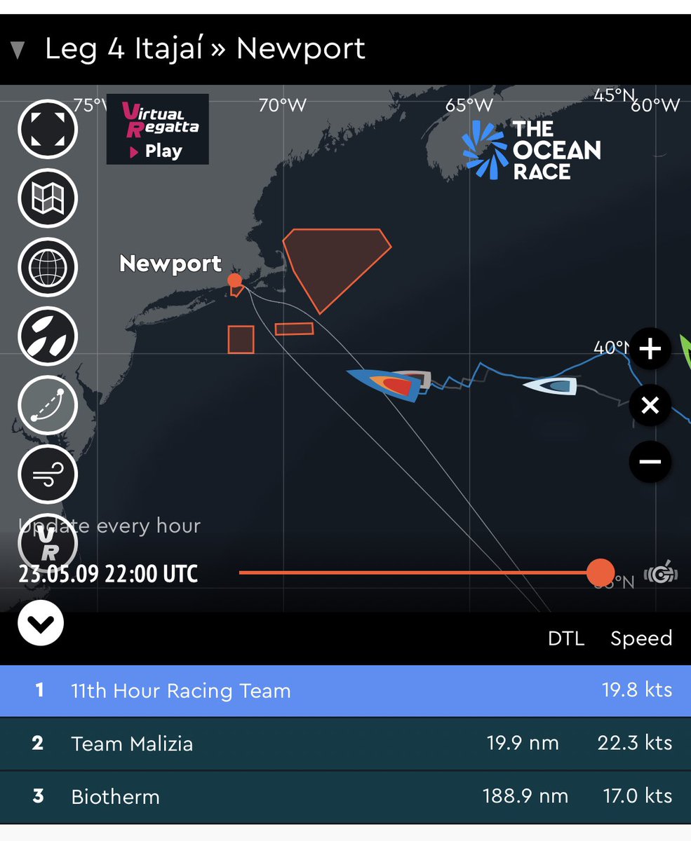 A nail biter leading up to the first place finish some time Wednesday in #NewportRI for @theoceanrace Leg 4. Will it be home team @11thHourTeam or #TeamMalizia?