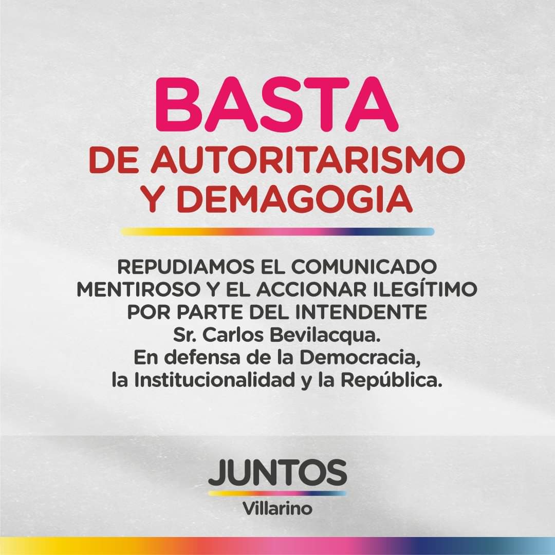LucreciaNovo's tweet photo. BASTA DE AUTORITARISMO Y DEMAGOGIA. 
Repudiamos el comunicado mentiroso y el accionar ilegítimo por parte del Intendente @CaliBevi.
En defensa de la Democracia, la Institucionalidad y la República.
@ucr_villarino 
@JRVillarino https://t.co/5sAbOV3yjJ