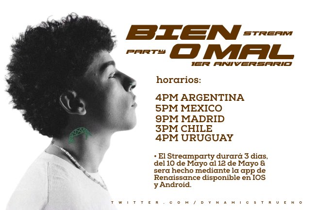 AccessTrueno's tweet photo. AVISO IMPORTANTE, comenzando el día de mañana hasta el 12 de Mayo estará abierto un stream party en honor al primer año de “Bien O Mal” &amp; sera hecho mediante la app de Renaissance, esperamos se unan y difundan 🫶🏽.

Link de stream party: https://t.co/vV3CiDR1sG https://t.co/amcnsR7ccf
