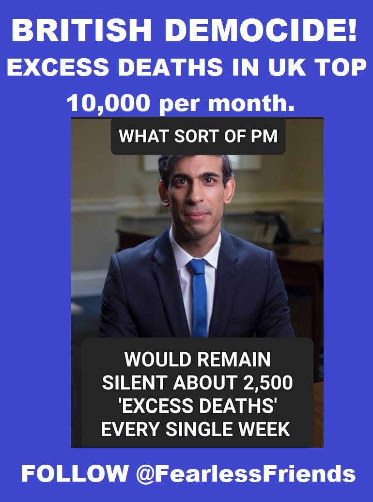 FearlessFriends's tweet photo. My Dear #UK Friends. When do you say "ENOUGH!"

Each week, every month, the #ExcessDeath toll in #Britain rises. Yet this alarming #mortality trend continues to be ignored! 
 
Previously healthy #Brits who #DiedSuddenly are treated as if this were a ghoulish new normal.

IS IT?👇 https://t.co/BOrgl56QqD