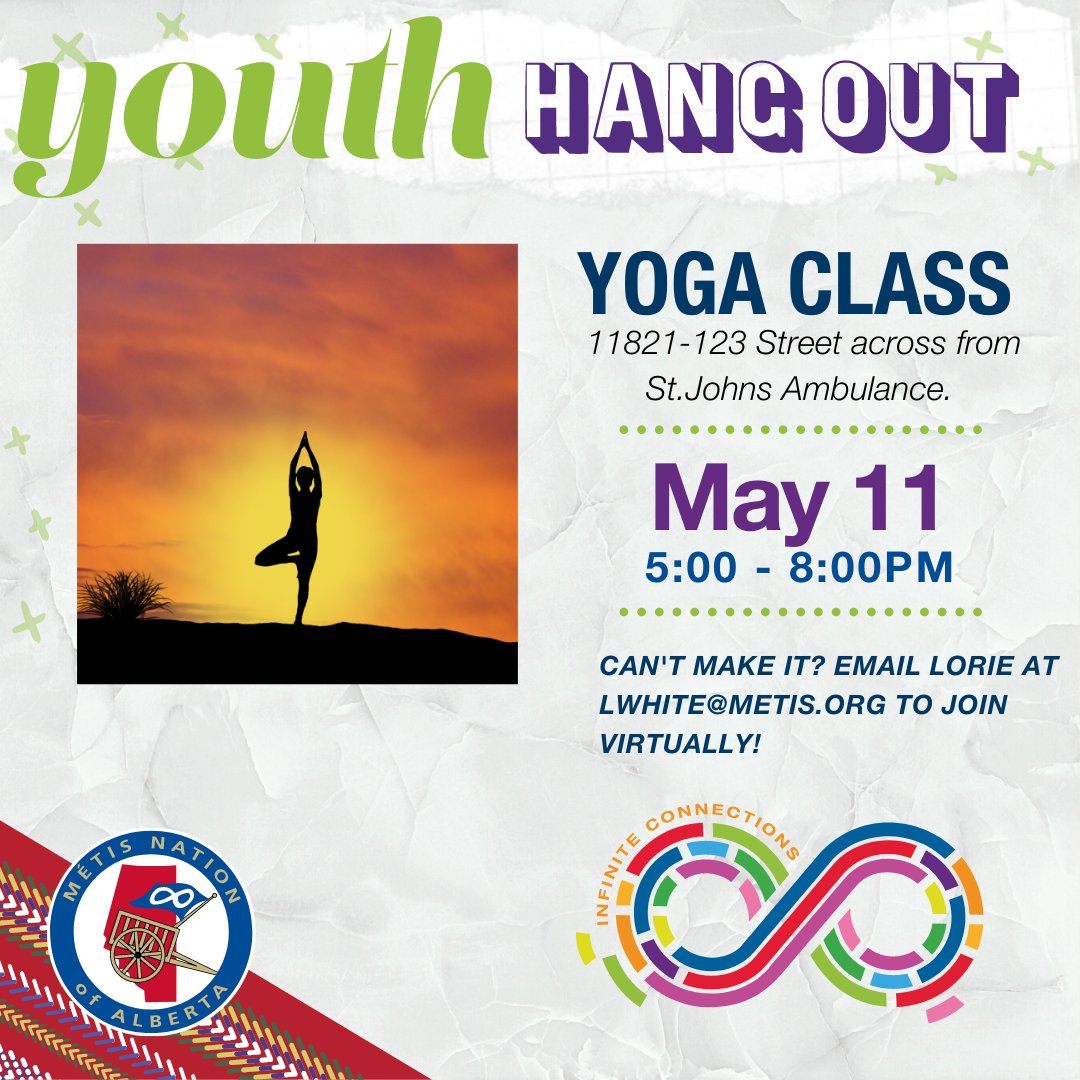 Join us Thursday evening at the Youth Centre for a peaceful yoga class! To register, email Lorie at lwhite@metis.org. Can't make it in-person? No worries - tune in virtually! We look forward to seeing you there. 😊