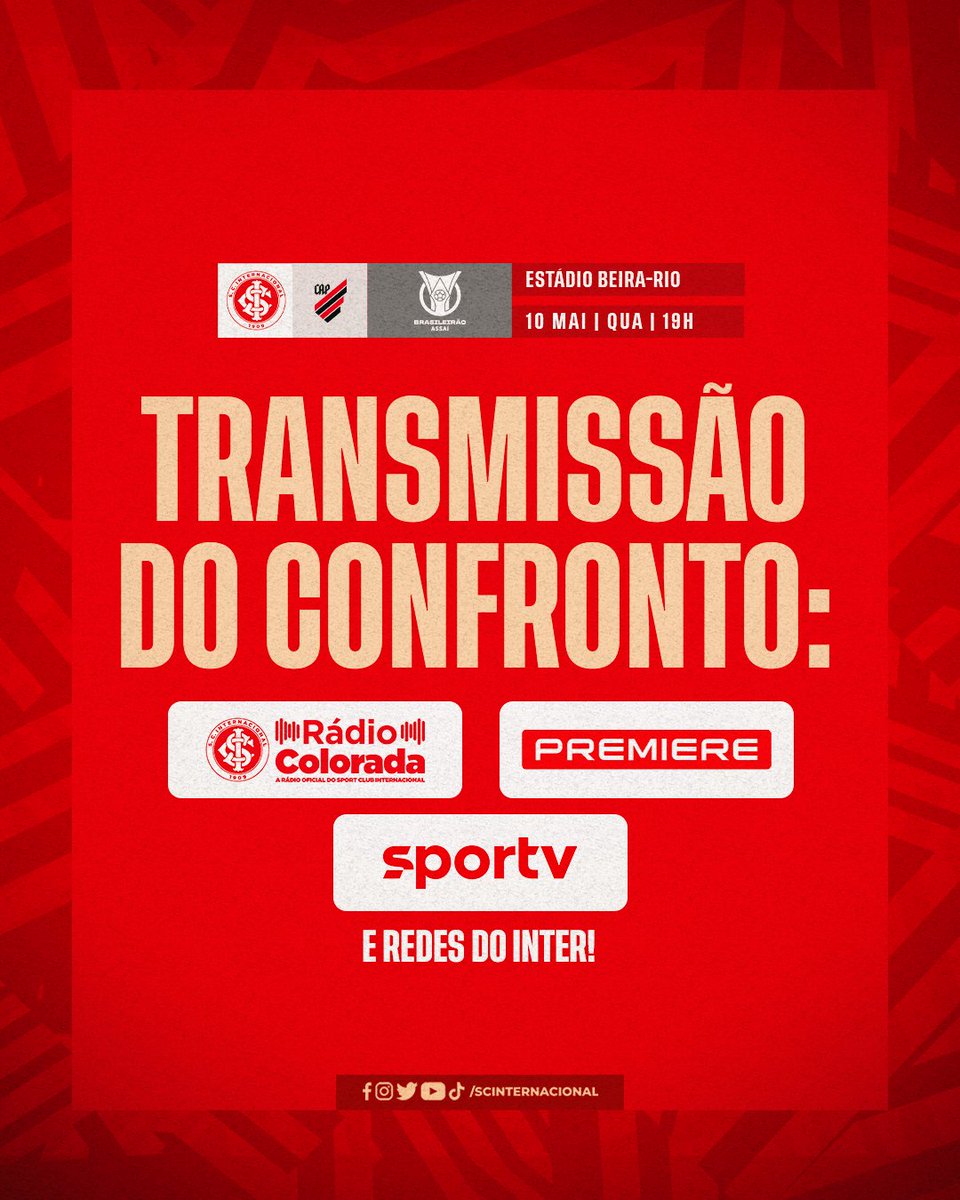 SCInternacional's tweet photo. Amanhã tem Inter e Athletico-PR, às 19h, pela 5ª rodada do @Brasileirao. 🇦🇹🔥

Para quem não vem ao Beira-Rio, a partida pode ser acompanhada na Rádio Colorada, @sportv, @canalpremiere, além de toda a cobertura das redes do Inter! 😍

VAMOS MEU INTER! ❤️ https://t.co/YP2rZvzVqn