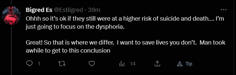 Wyestyn's tweet photo. @EsBigred @Breakfast_Fan @northeysbayrd @SenatorTacos @Housewiffery @Timcast You absolutely did, by demonstrating that you don't know what dysphoria is or what place it has in the discussion.

But hey, if you want you can backtrack and say you agree that the study concludes that trans surgery helps trans people, but they need more support. https://t.co/QOdxRLVzGy