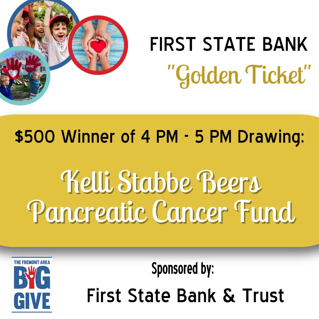 facfoundation's tweet photo. Our next Golden Ticket winner, sponsored by First State Bank &amp; Trust Company - Fremont, Nebraska is the Kelli Stabbe Beers Pancreatic Cancer Fund! https://t.co/TJr5I5lN4f