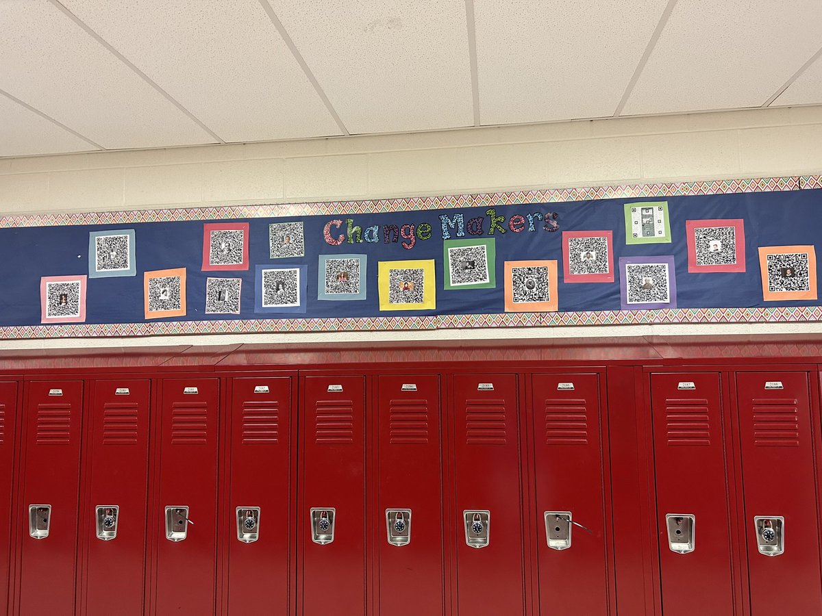 LJohnsonELA's tweet photo. 7th grade #AIMES students did some amazing infographics on changemakers they were inspired by. Thanks to @leahod for the super cool QR codes! (Sorry it took so long to display!) Kids are really proud of their work. @FreedomD100 #d100inspires https://t.co/ZeH2MDFot4
