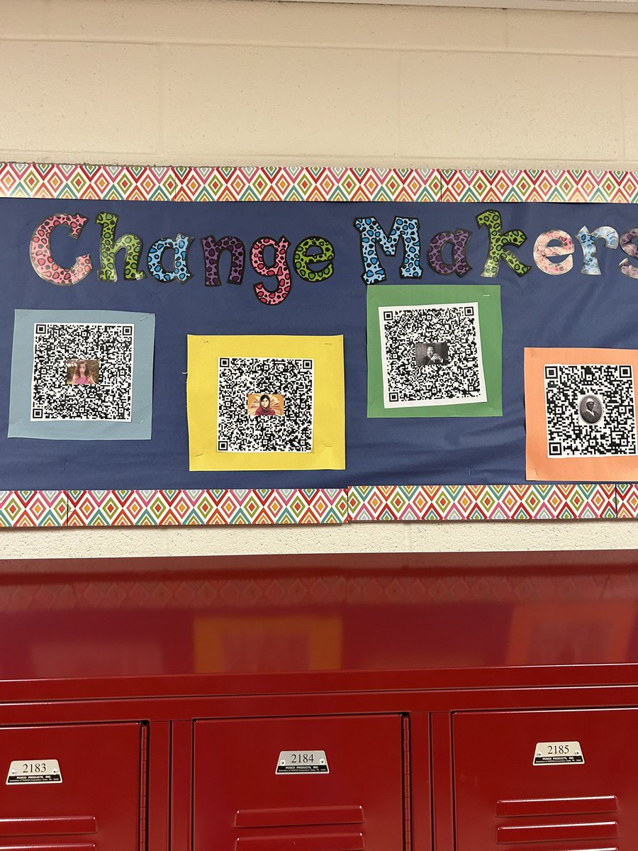 LJohnsonELA's tweet photo. 7th grade #AIMES students did some amazing infographics on changemakers they were inspired by. Thanks to @leahod for the super cool QR codes! (Sorry it took so long to display!) Kids are really proud of their work. @FreedomD100 #d100inspires https://t.co/ZeH2MDFot4