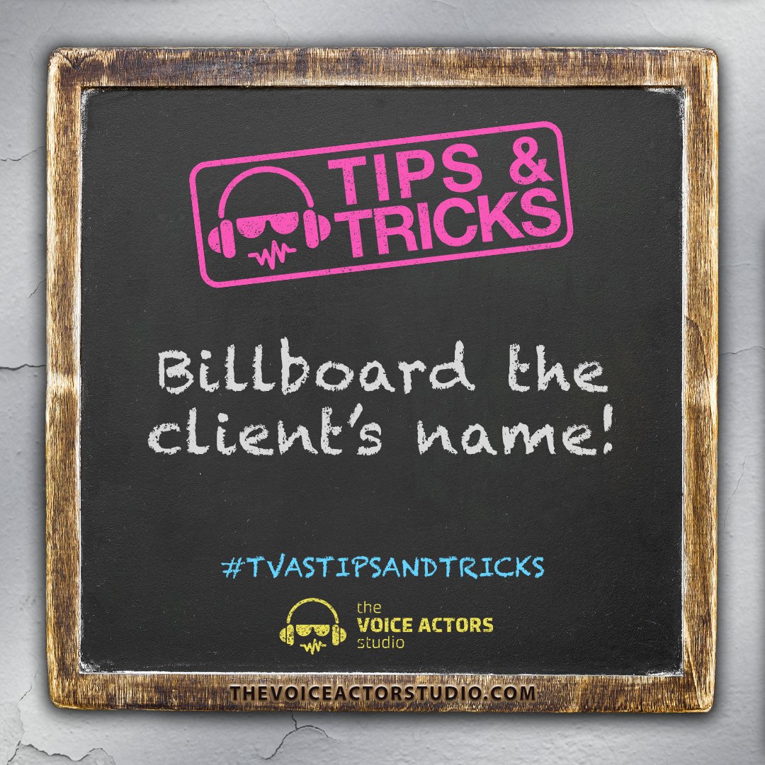 VoiceActrStudio's tweet photo. Always "billboard" a client's name. This means giving it extra "love" when reading it and making sure it stands out in a read. If you're not sure how to say their name, be sure to look it up online. YouTube is a great resource!
#tvas #thevoiceactorstudio #voiceover #voiceacting https://t.co/0YCei3DMw0