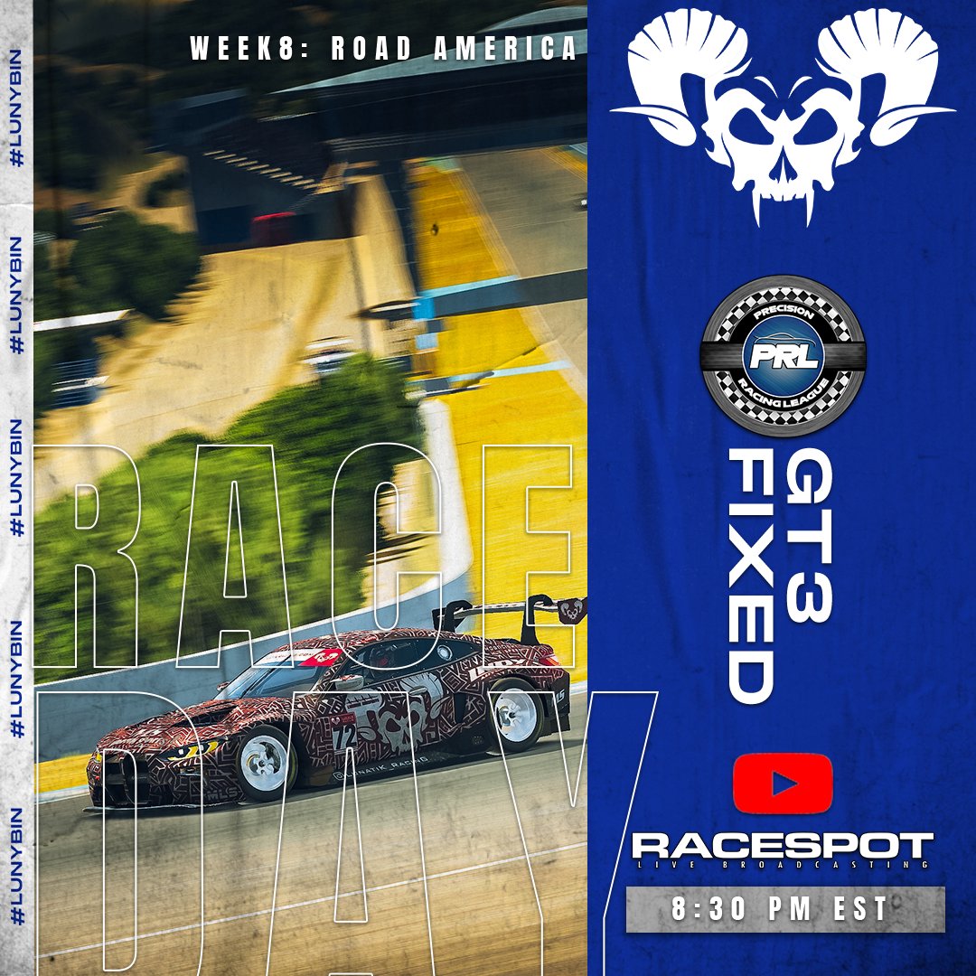 🚨RACE NIGHT🚨 Race 8 out of 10 in @precisionracingleague GT3 Fixed is back on home soil at Road America. Can the crazies take on one of the Americas greatest race tracks? Come Cheer on the craziest at 8:30pm on @racespottvYoutube Channel. #LunyBin