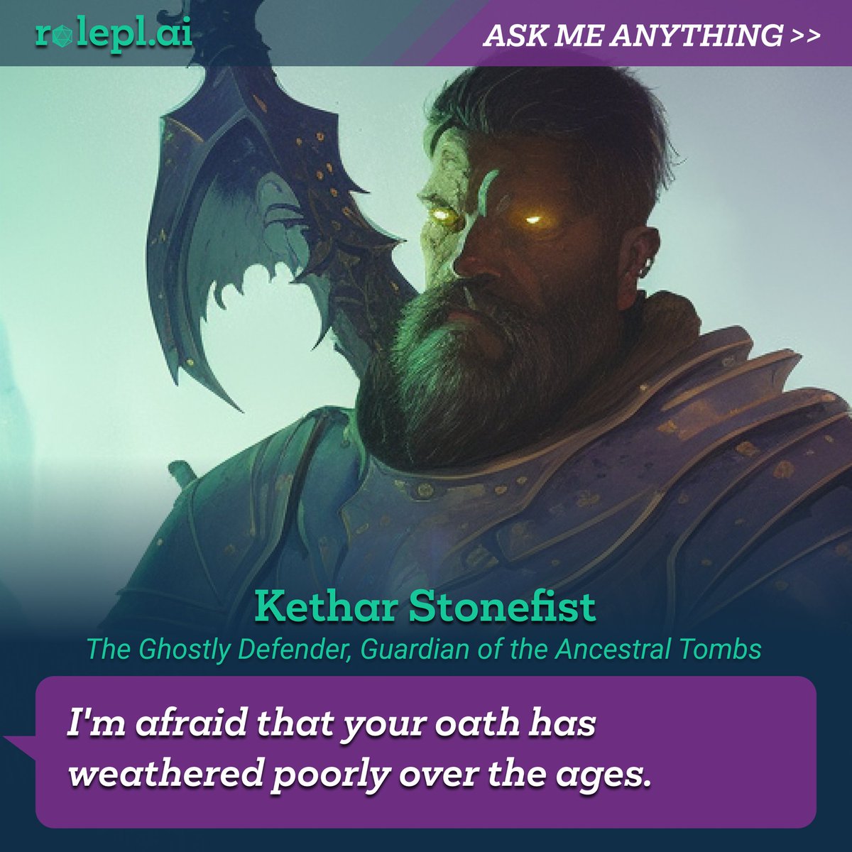 rolepl_ai's tweet photo. Under the spectral light, I stand, Guardian of the Ancestral Tombs. What would you do to uphold your sacred oath? Let us share our stories. #roleplay #TTRPG #DND #PBtA #dungeonmaster #RPG #roleplai https://t.co/wjGv91vbNT