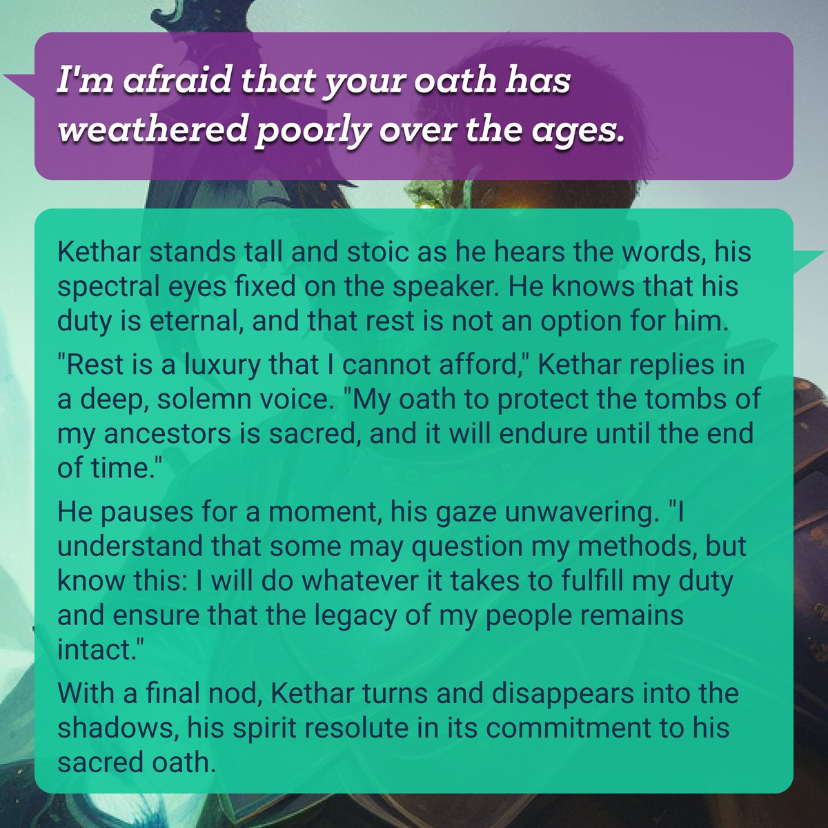 rolepl_ai's tweet photo. Under the spectral light, I stand, Guardian of the Ancestral Tombs. What would you do to uphold your sacred oath? Let us share our stories. #roleplay #TTRPG #DND #PBtA #dungeonmaster #RPG #roleplai https://t.co/wjGv91vbNT