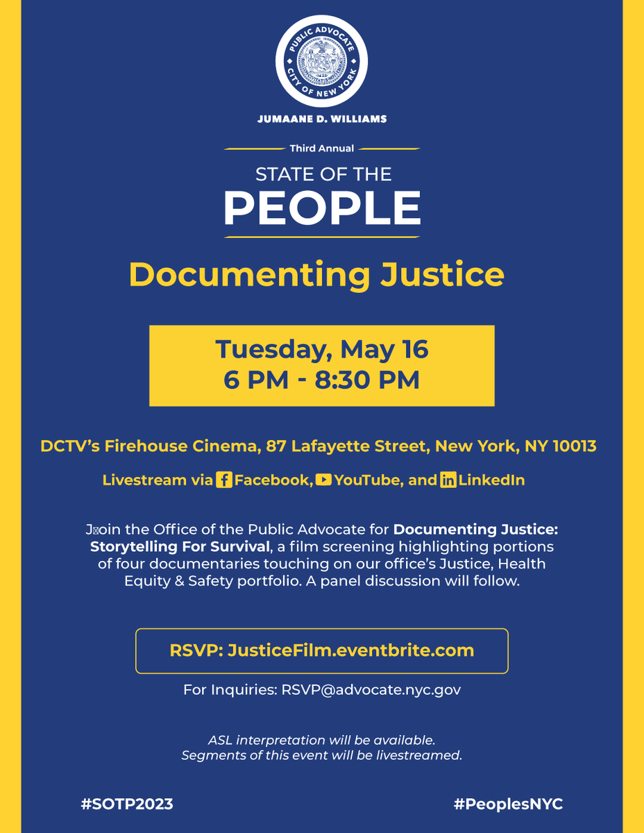 📣 NYC! Join us for "Documenting Justice: Storytelling For Survival," a film screening and panel at <a href="/DCTVny/">DCTV</a>.

We'll hear from Jon Alpert, <a href="/aftershockdoc/">Aftershockdoc</a>'s <a href="/ShawneeTheGriot/">Shawnee Benton</a>, <a href="/Dbgm1/">DBGM, Inc.</a>'s Antoine Craigwell, <a href="/DennisFlores/">Dennis Flores Miranda</a>, and more.

RSVP: JusticeFilm.eventbrite.com

#PeoplesNYC #SOTP2023