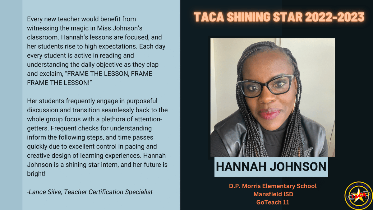 Here's to Hannah Johnson! A Shining Star Intern from <a href="/GoTeach11/">GoTeach11</a> serving students in <a href="/mansfieldisd/">Mansfield ISD</a>. We appreciate your amazing work! Thank you for joining the education profession. #TeacherAppreciationWeek