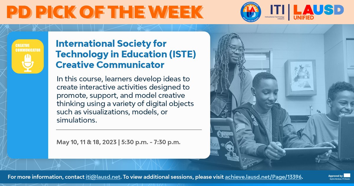 Instructional Technology Initiative (@iti_lausd) on Twitter photo ATTN <a href="/LASchools/">Los Angeles Unified</a>: Are you looking for strategies to support learners in communicating clearly & expressing themselves creatively to meet their learning goals? You're invited to attend our ISTE: Creative Communicator PLs beginning May 10.
For details visit achieve.lausd.net/Page/13396 ATTN <a href="/LASchools/">Los Angeles Unified</a>: Are you looking for strategies to support learners in communicating clearly & expressing themselves creatively to meet their learning goals? You're invited to attend our ISTE: Creative Communicator PLs beginning May 10.
For details visit achieve.lausd.net/Page/13396