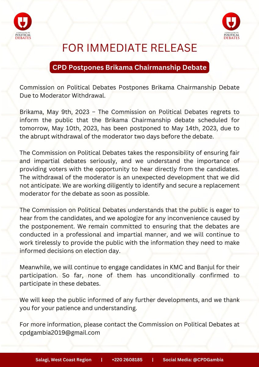 FOR IMMEDIATE RELEASE!

CPD Postpones Brikama Chairmanship Debate. Read more more here 👇👇