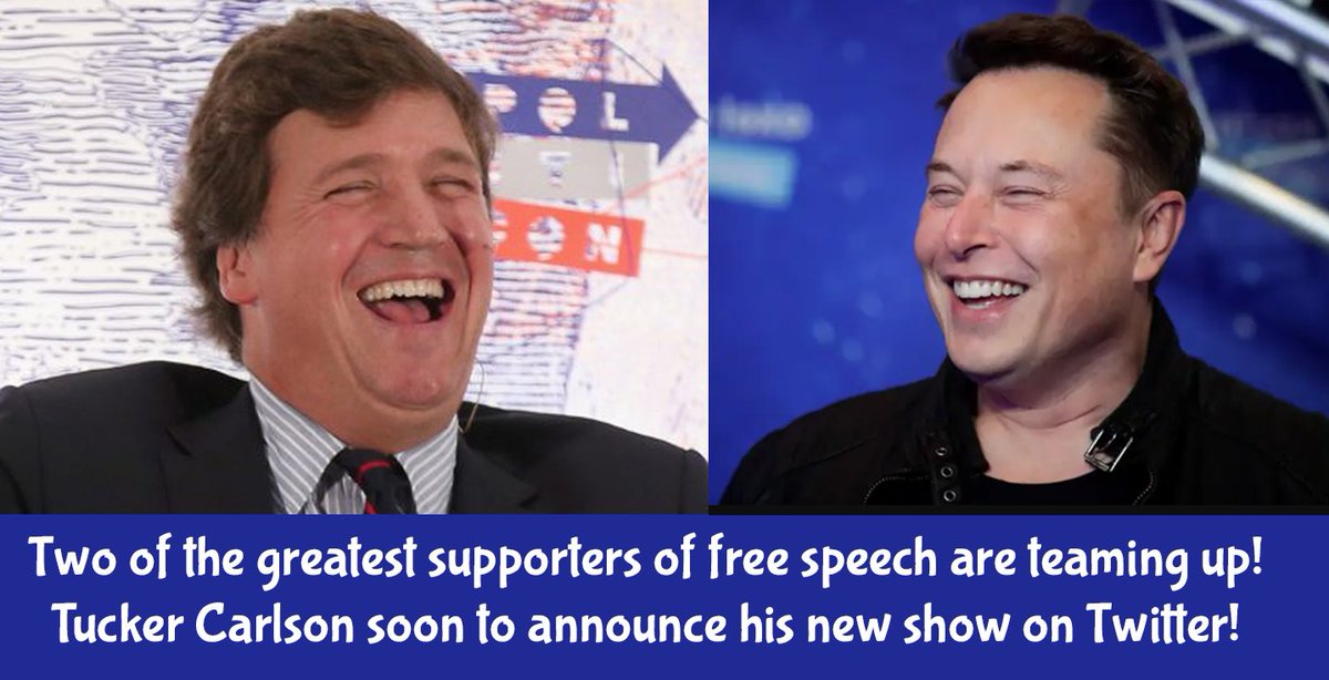 WayKuy4truth's tweet photo. Tucker and Elon are teaming up to run Tucker's new show Twitter. Imagine the information Tucker will be able to impart when he's not constrained by Fox News! @elonmusk @TuckerCarlson #FreeSpeech