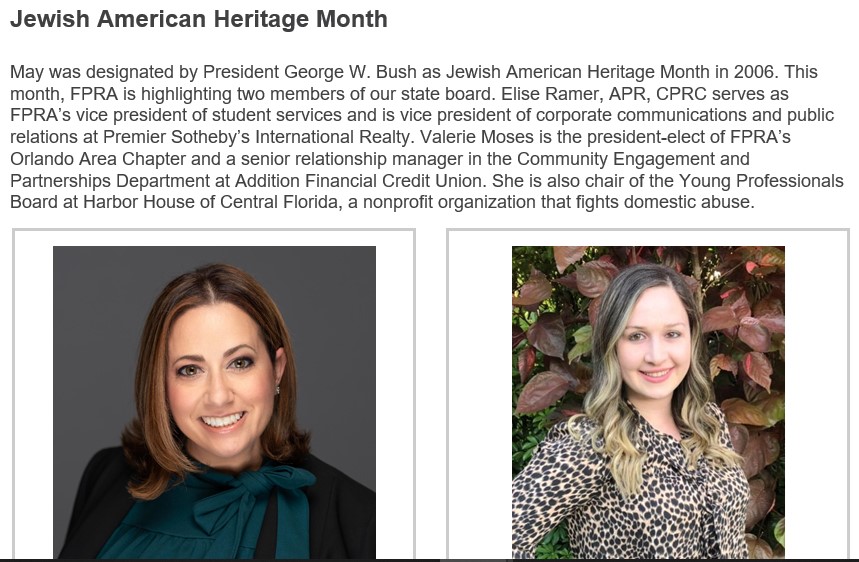 Let's celebrate our Chapter liaison Elise Ramer, APR, CPRC and the upcoming president for Orlando Valerie Moses, MBA! #youbelongatFPRA