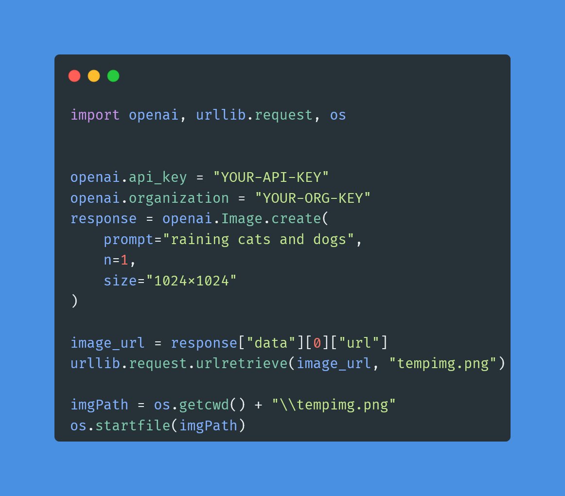 DailyByteBlog's tweet image. This is just the basic code you need to use OpenAI&apos;s DALL-E API! (And a few API keys.) Learn how to quickly generate pictures for you and your business. dailybyteblog.com/blog/cuxot9gtm… #openai #ai #artificalintelligence #api #python