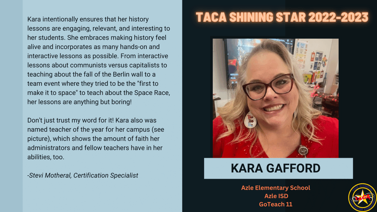 Here's to you, Kara Gafford!! Thank you for your hard work and dedication to teaching. Definitely a Shining Star Intern from <a href="/GoTeach11/">GoTeach11</a>. The students in <a href="/azleisd/">Azle ISD</a> are fortunate you chose to enter the education profession. #TeacherAppreciationWeek