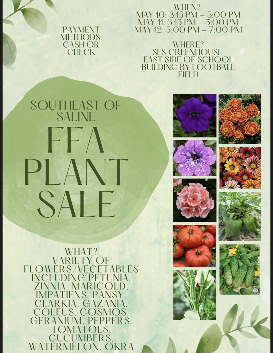 SESFFA1's tweet photo. Get your summer plants HERE! Come and support the SES FFA chapter at our yearly plant sale! All info is on poster. Contact Mrs.Petty for any questions. See ya there!!! https://t.co/HBfQKrVu8s