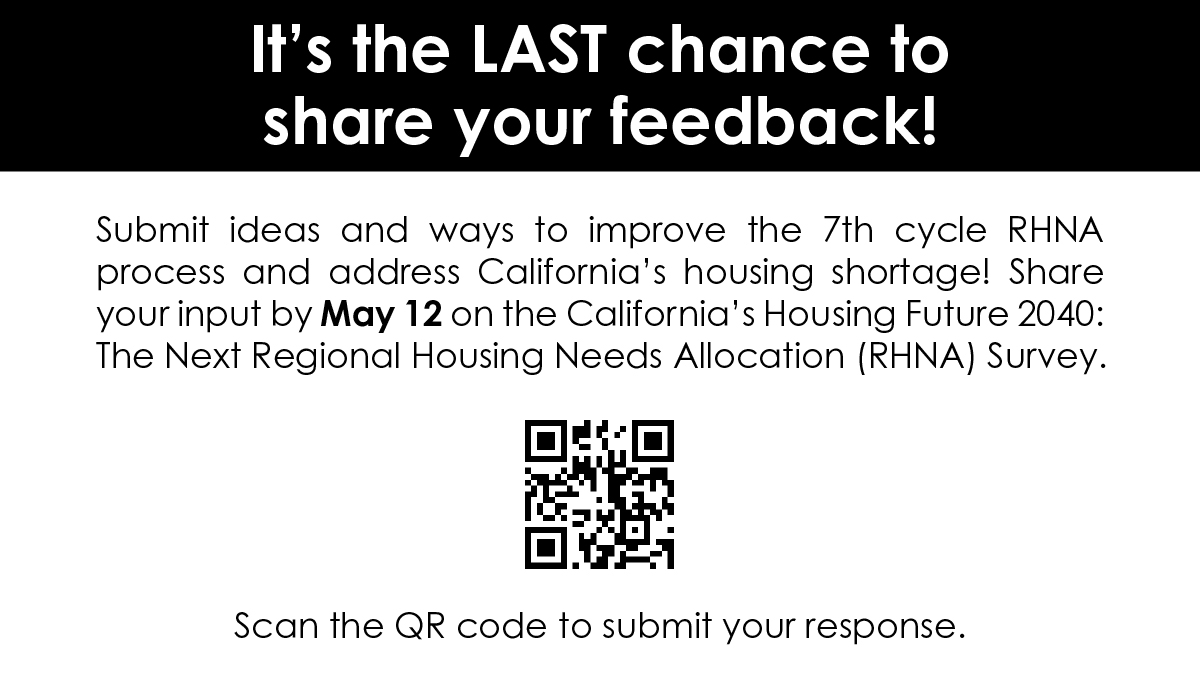 California_HCD's tweet photo. ⏱️It’s your last chance to complete HCD’s survey on the 7th cycle RHNA process! Engage with HCD and submit your input on how to improve the Regional Housing Needs
Allocation methodology before the survey closes this Friday, May 12! https://t.co/kTeJ6bexqt https://t.co/6YLWzWE9eJ