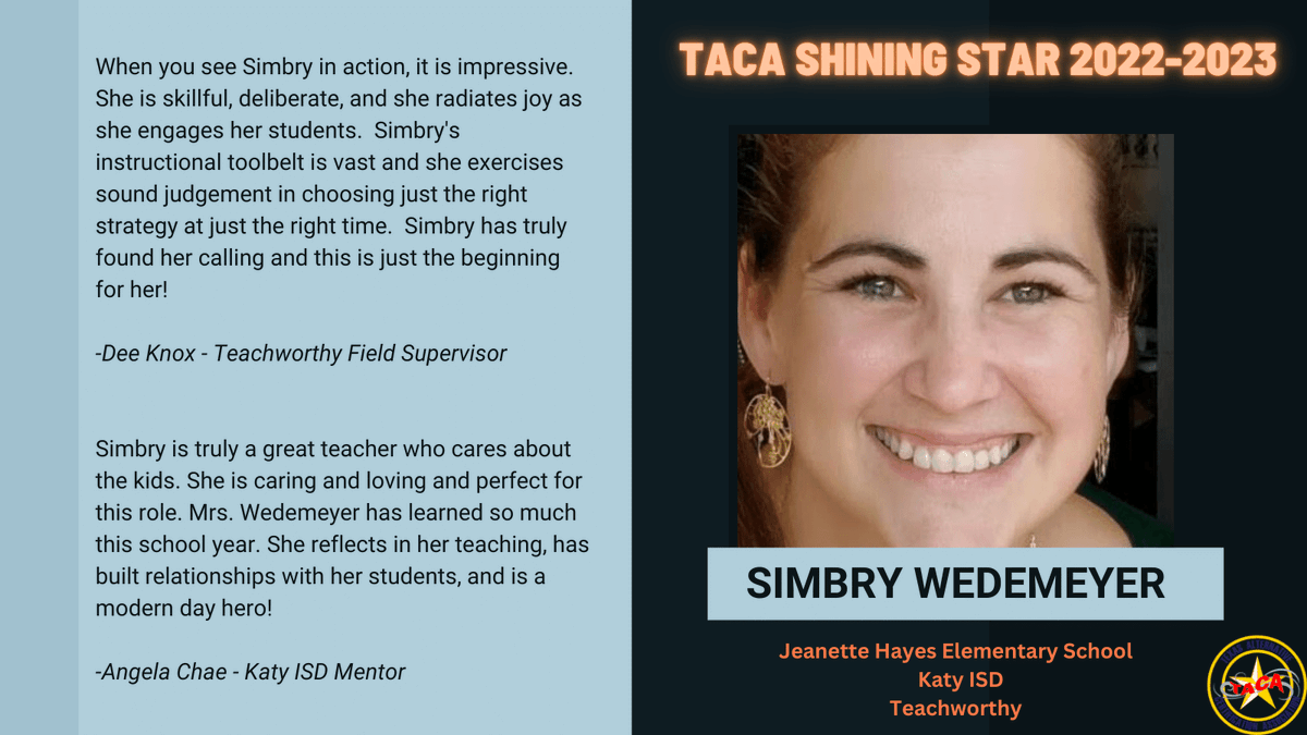 Kudos to a Shining Star Intern from
<a href="/teachworthy/">teachworthy</a> learning the craft in
<a href="/katyisd/">Katy ISD</a> Thank you to Simbry Wedemeyer for being an amazing educator. Welcome to the profession. We appreciate you. #TeacherAppreciationWeek
