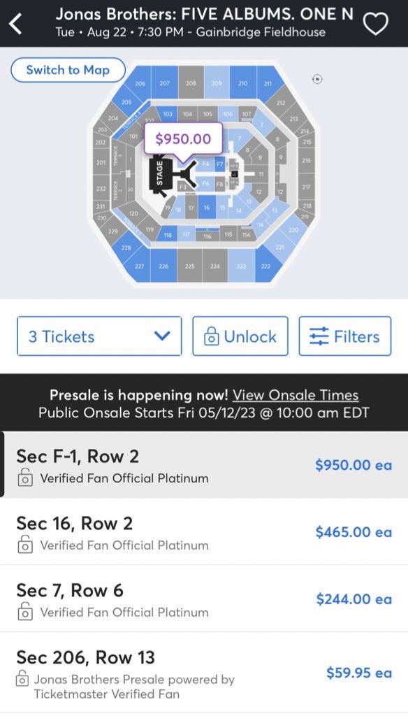 AngelaRWalter's tweet photo. Hey @Ticketmaster can you PLEASE explain your pricing for these @jonasbrothers tickets? These prices are INSANE 🥴 https://t.co/Tp7T3F2qU5