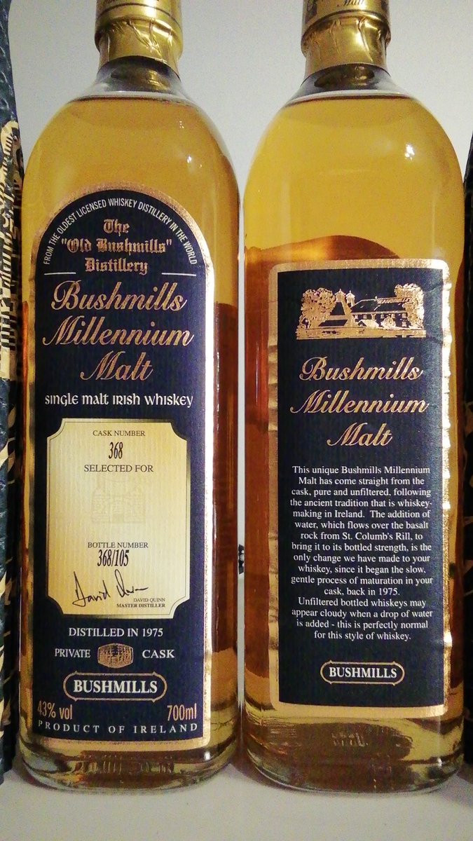 BushmillsM's tweet photo. @BushmillsIRL Distilled 1975,  24 years old when bottled in time for the Millennium. There were only 350 private casks sold. 43% ABV.  Non chill filtered.
Frank McHardy went on to be Master Distiller at Springbank. David Quinn took over &amp; later went to Midleton.
Bottles sold to @IrishSpirit_ https://t.co/D1Pz4NjwCZ