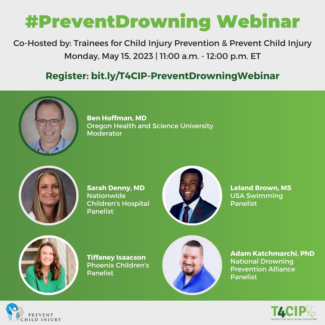 Join @T4CIP_ and @PreventChildInj for our #PreventDrowning webinar on May 15, 11 a.m. to noon ET. @DrBenHoffman from ⁦@OHSUDoernbecher @sdennymd from @nationwidekids, Tiffaney Isaacson from @KidsStaySafe, Adam Katchmarchi from @drownalliance, and Leland Brown from @USASwimming.