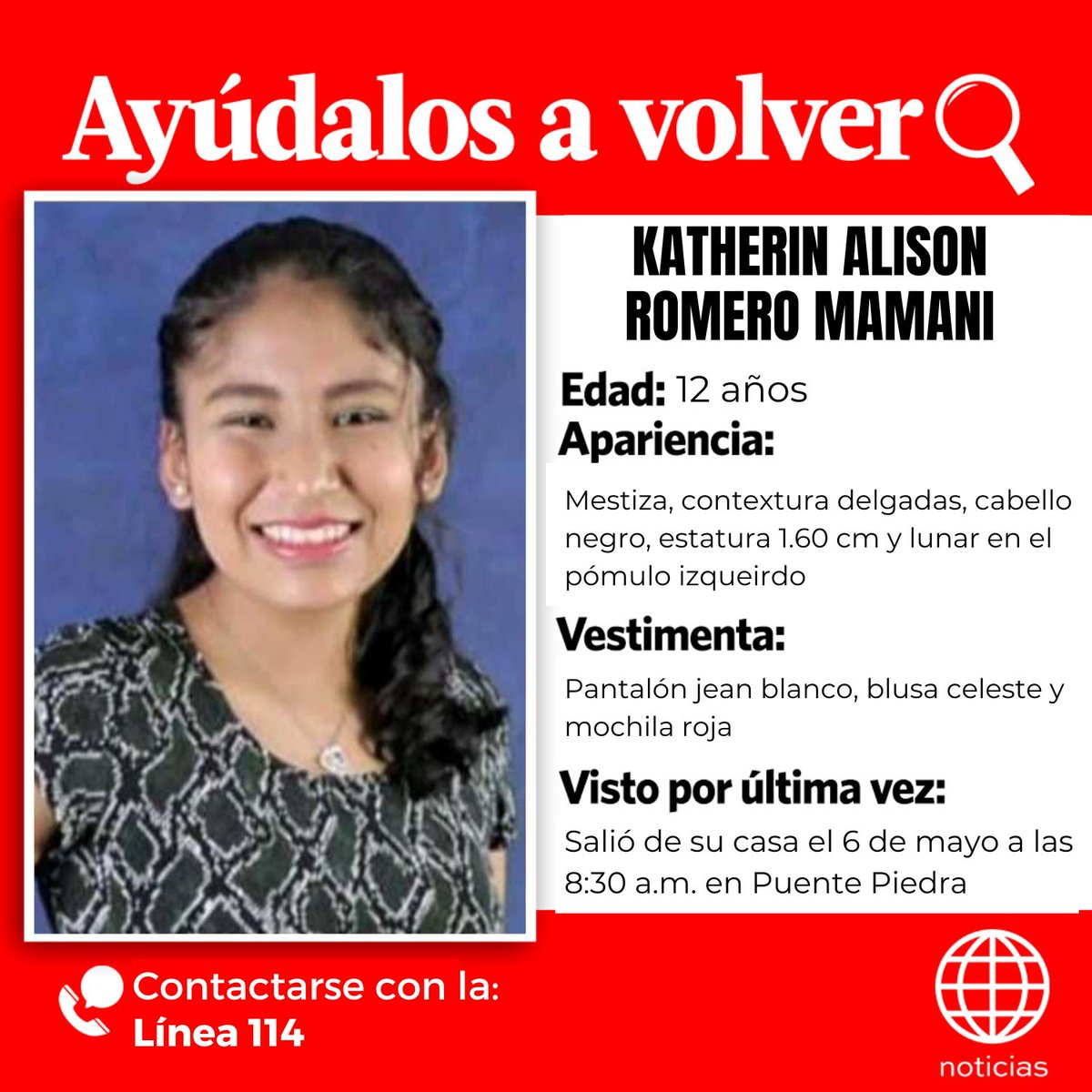 Cuarto_Poder's tweet photo. COMPARTE y #AyúdalosAVolver

Familia busca a Katherin Alison Romero Mamani de 12 años. Cualquier información sobre su paradero, comunicarse con la Línea 114. https://t.co/jbPW6NrQ67