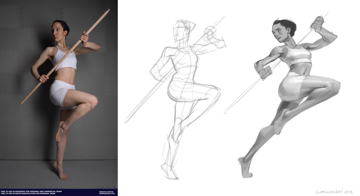 sncarmichael's tweet photo. A quick warm-up with my class. The first drawing is referenced directly from the photo (@JookpubStock), the second drawing is referenced from the first drawing with the goal of exaggerating the feeling of the pose. By referencing the drawing I am more focused on designing shapes. https://t.co/RP8mtXMGUV