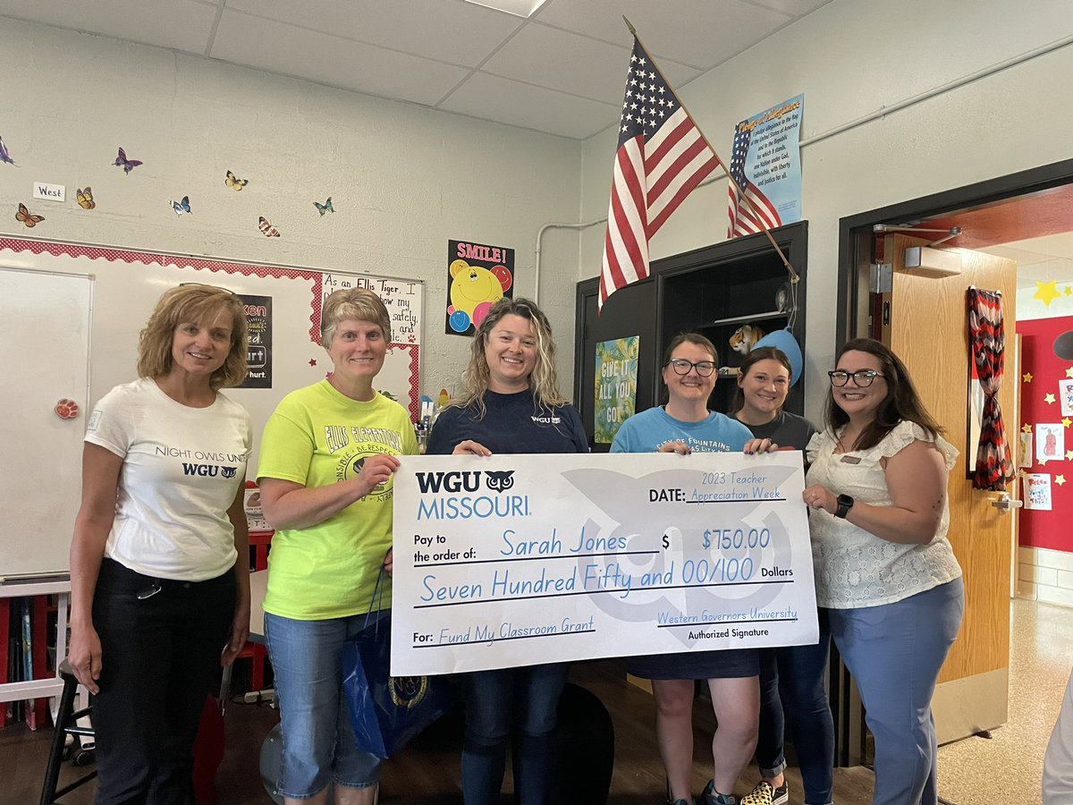 Congratulations <a href="/SarahJonesEllis/">Sarah Jones</a> 
 for receiving a $750 Fund My Classroom Grant from <a href="/WGUMissouri/">WGU Missouri</a>
