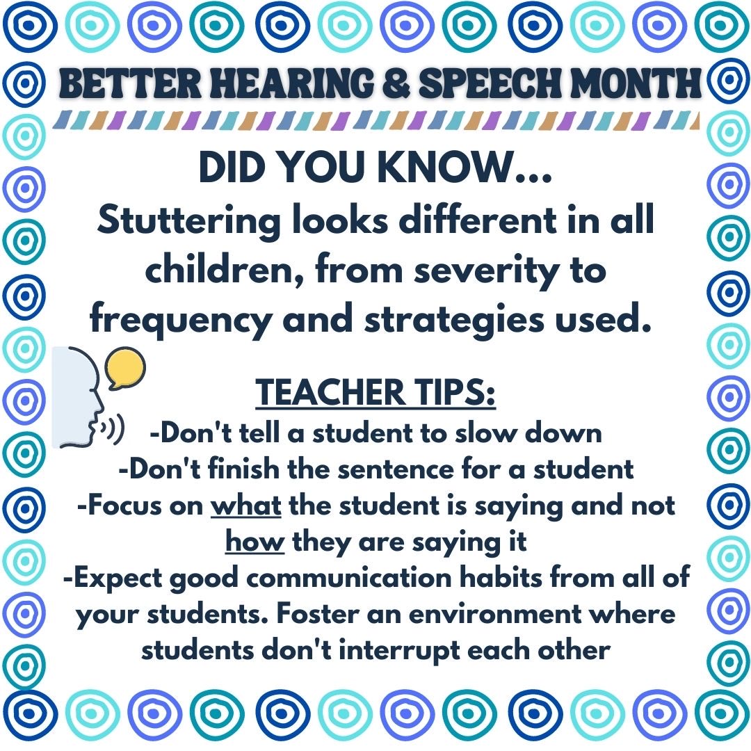 MrsPaprocki's tweet photo. #BetterHearingandSpeechMonth If you have a student who stutters in your classroom, check out some of the teacher tips below 🗣️ https://t.co/RRFbLk86Fr