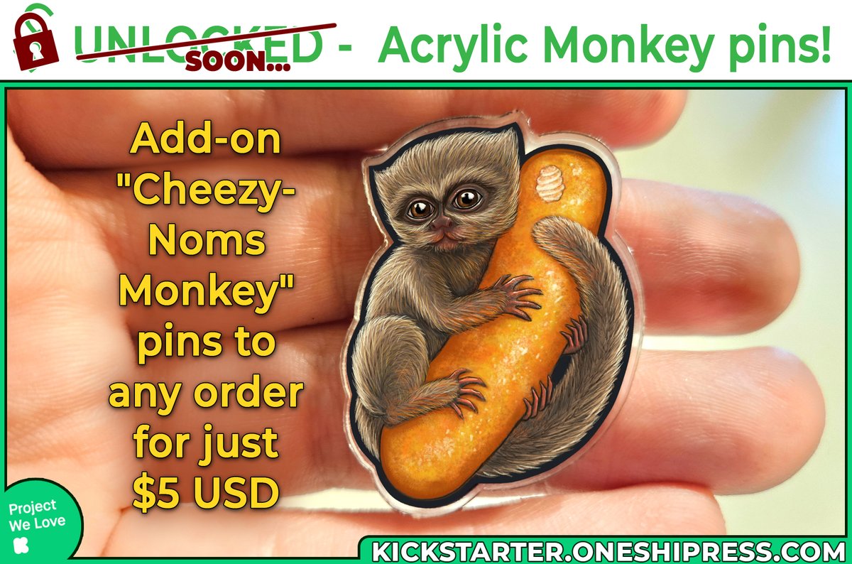 OneshiPress's tweet photo. We're SO CLOSE to unlocking this adorable "Cheezy Noms Monkey" acrylic pin!
Just 2 more backers needed at https://t.co/sWO07Y13Z8
#monkey #marmoset #acrylicpin #cheesepuff #cheesecurl https://t.co/xZAK1o6rOz