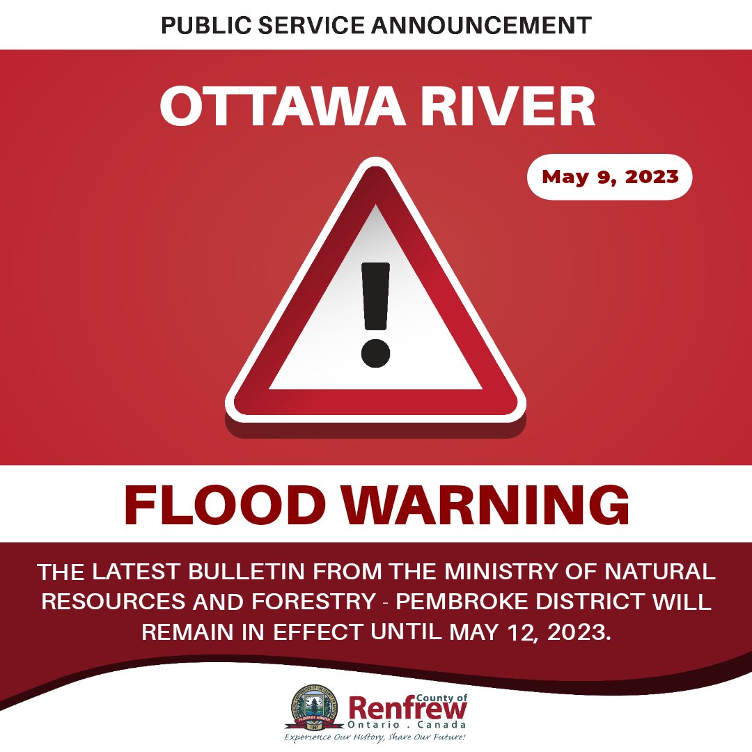 RenfrewCounty's tweet photo. .@ONresources Pembroke District extends FLOOD WARNING for the Ottawa River in #RenfrewCounty until May 12, 2023.
Most River systems that drain into the Ottawa River have peaked or are receding.
See the latest bulletin in English.
#FloodWarning #OttawaRiver #SpringFreshet https://t.co/wZhqazfzDW