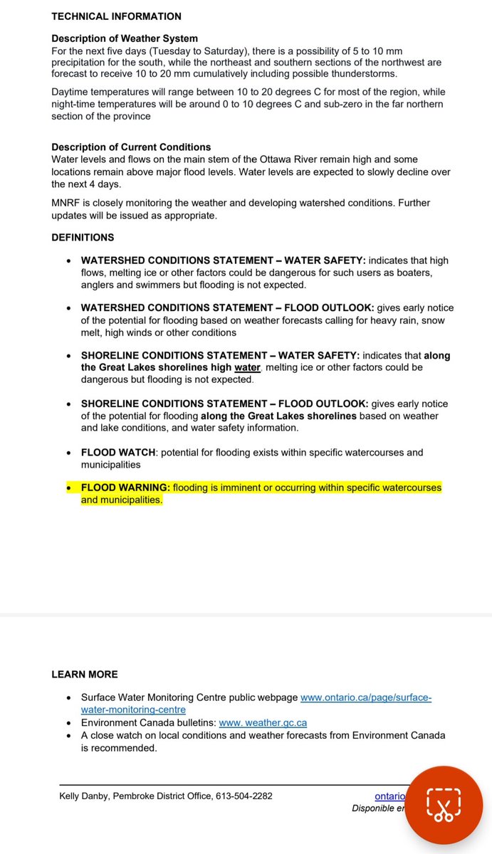 RenfrewCounty's tweet photo. .@ONresources Pembroke District extends FLOOD WARNING for the Ottawa River in #RenfrewCounty until May 12, 2023.
Most River systems that drain into the Ottawa River have peaked or are receding.
See the latest bulletin in English.
#FloodWarning #OttawaRiver #SpringFreshet https://t.co/wZhqazfzDW