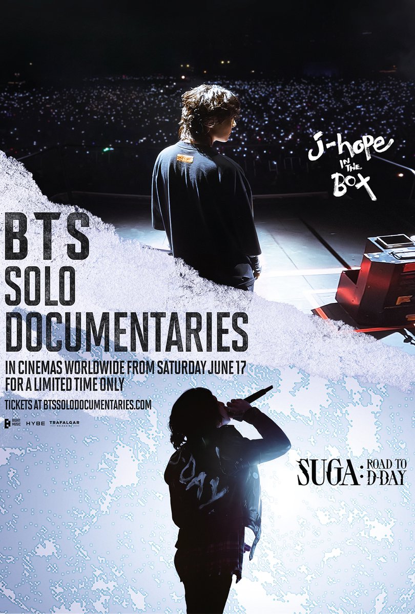 🎉BTS Solo Documentaries🎉 <j-hope IN THE BOX> & <SUGA: Road to D-DAY> In cinemas worldwide from Sat, June 17 For a limited time only! 📅Tickets on sale May 16/17 (check local timezones) 🔗Sign up at btssolodocumentaries.com #jhopeINTHEBOX #RoadToDDAY #BTSsolodocumentaries