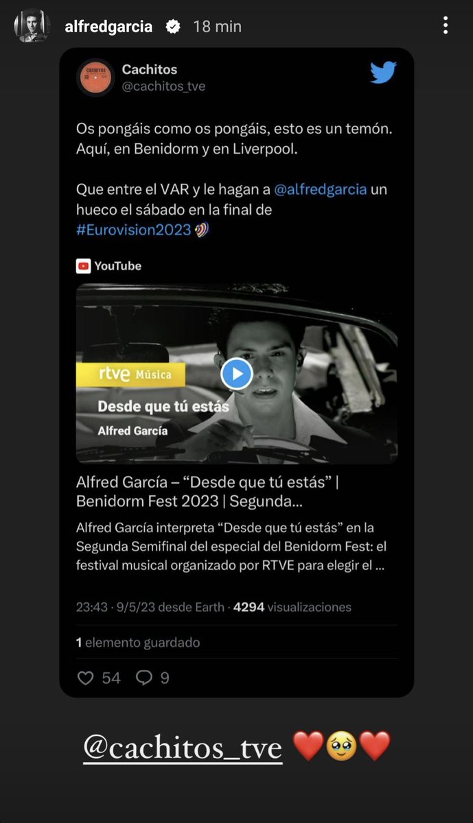CA2LOTA's tweet photo. 📸 | Historias de @alfredgarcia y de @cachitos_tve. 💕
#DesdeQueTúEstás #TeamAlfred 🫶🏼
#BenidormFest
#cachitos_tve #Eurovision2023

🔉https://t.co/bPV6QH0X5m

"❤️🥹❤️"

https://t.co/3f9SojgHzH
https://t.co/9nddZQvsSK https://t.co/Un1XNTczvT