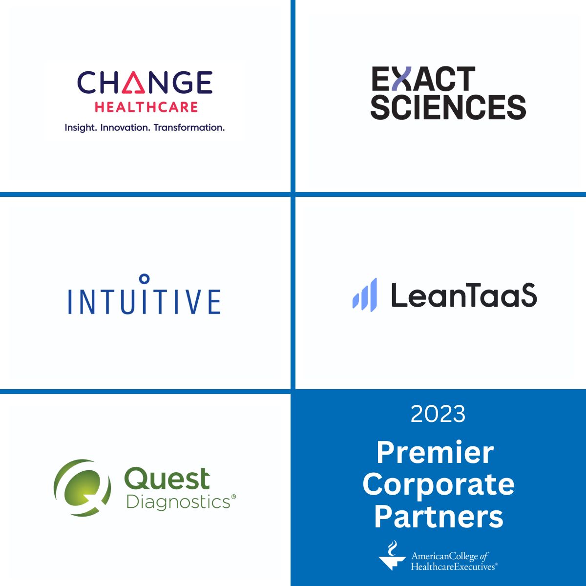ACHEConnect's tweet photo. ⭐ We thank all our Premier Corporate Partners for their support of ACHE members and the 2023 #virtualACHE.
The pursuit of excellence in #healthcare leadership is made possible by @Change_HC, @ExactSciences, @IntuitiveSurg, @LeanTaaS and @QuestDX. https://t.co/N34RLV0xwm