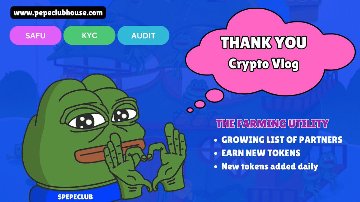 PepeClubhouse's tweet photo. 🙌 Thank you #CryptoVlog for reviewing our project!
https://t.co/1H5IN7vYt1
🚀👀 We're thrilled to be getting the word out there and spreading the love for $PEPECLUB 💚🐸
Keep your eyes peeled, everyone🌕!
#crypto #youtube #review #PEPE #moonshot 🌕 https://t.co/IbTMijI2CT