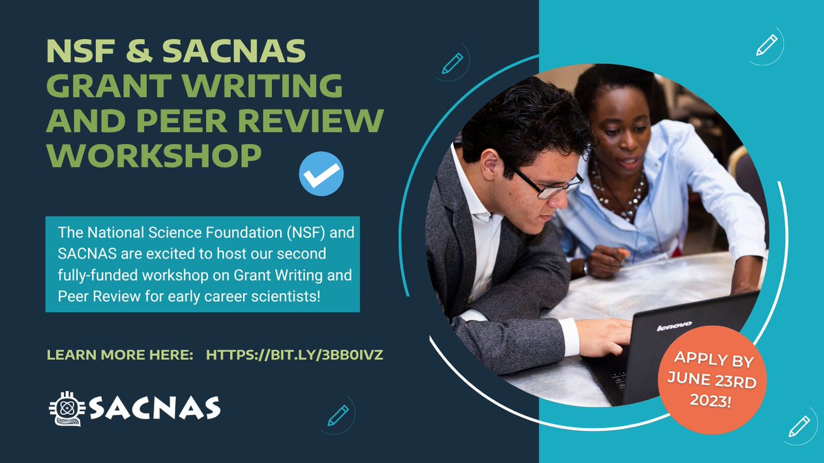 Are you interested in grant writing? Join @sacnas &amp; <a href="/NSF/">U.S. National Science Foundation</a> for a grant writing and peer review workshop! Participants will learn to critique grant proposals as well as how to develop their own with the guidance of peers and advisors.

App closes 6/23! >>> bit.ly/3Bb0ivZ